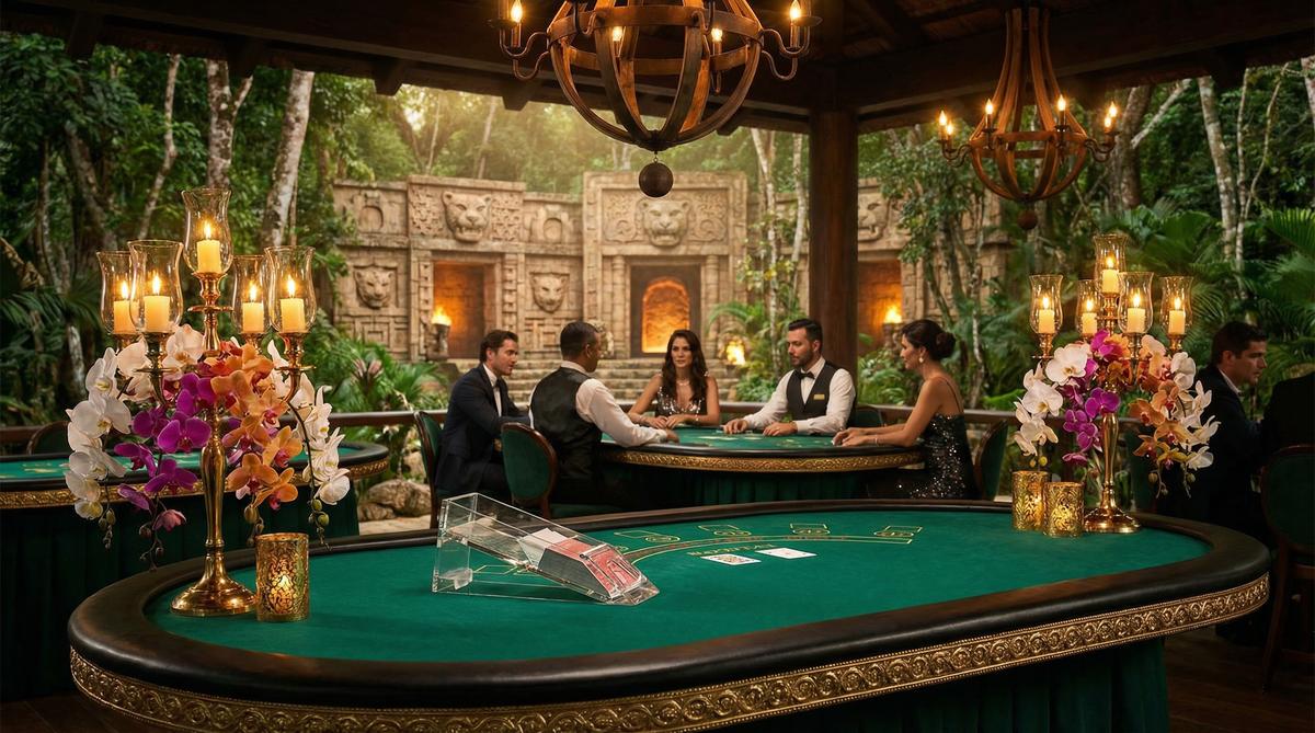 Mesa de bacará sofisticada con temática de selva tropical