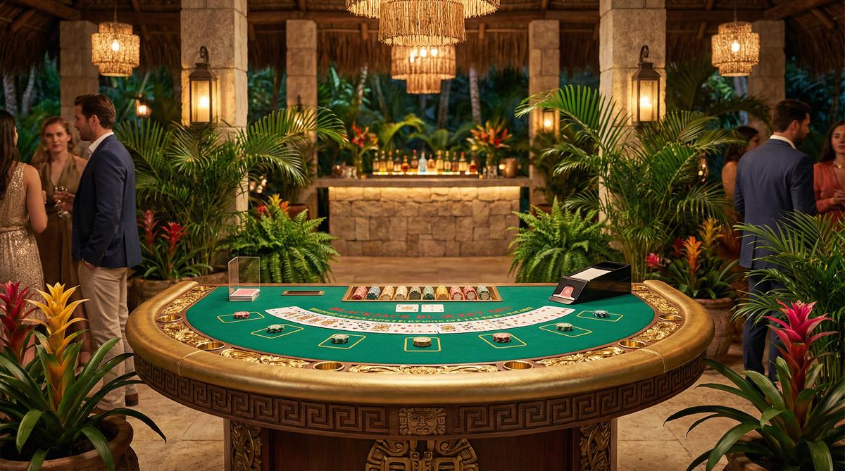 Mesa de blackjack elegante en casino con ambiente tropical