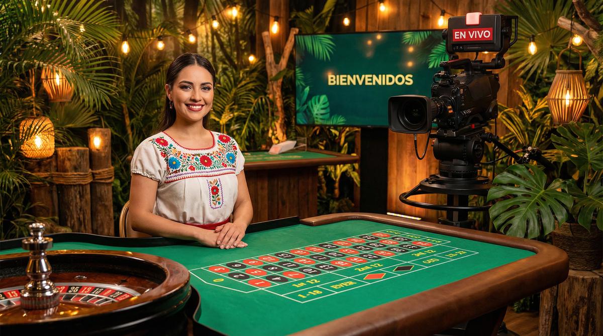 Crupier profesional en el casino en vivo de Meridianbet con decoración tropical